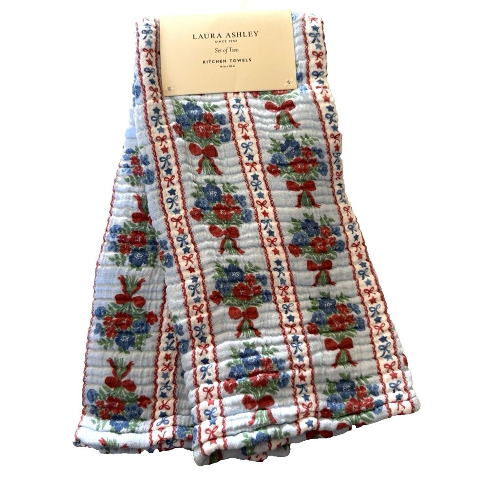 Laura Ashley Kitchen Dish Towels Blue Red Floral 100% Cotton Gauze Set of 2